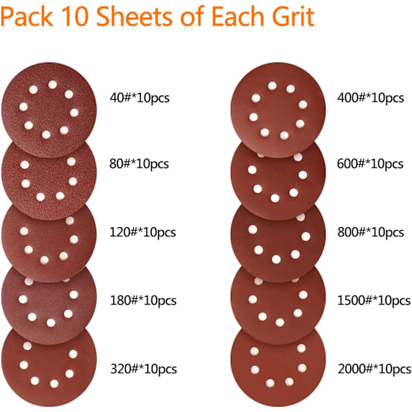 100 st sliprondeller 125 mm kardborreband set: sandpapper 8 hål rund, vinkelslip sandpapper set för trä, metall, färg, plast{F2}