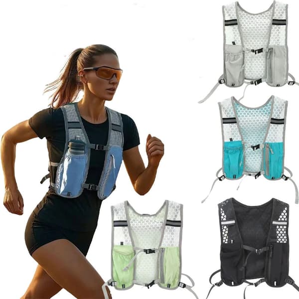 Unisex løbevest med reflekterende striber og en justerbar reflekterende hydreringspakke. Blue