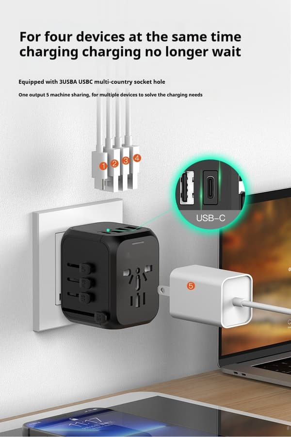 - Universal World Adapter - Leveres med CE-certificering - Universal til 150 lande / Essentiel rejseadapter - USB-C - 3 USB-A - Rejsestik Wo...