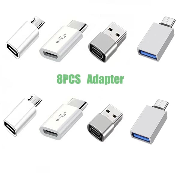 8-pak USB C hun-adapter sæt USB A til USB C Micro USB til Type C-konverter til biloplader bærbar telefon black