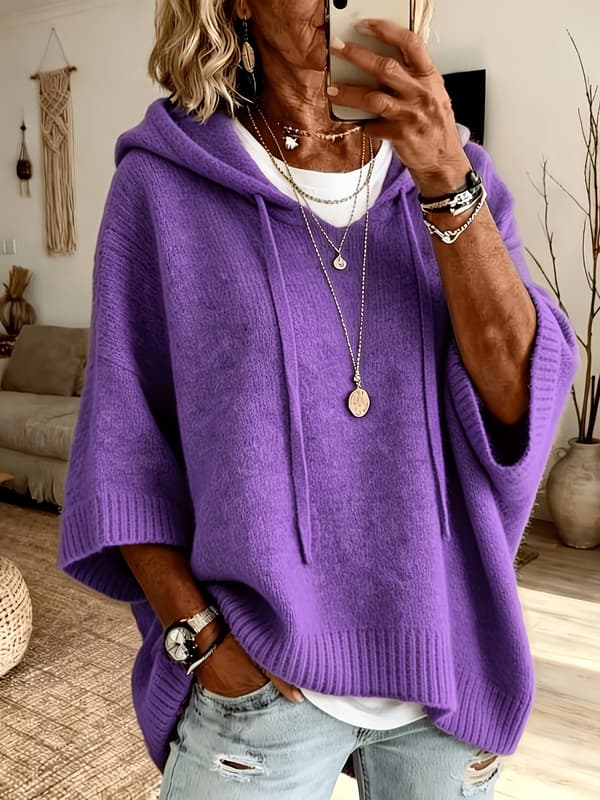 Hettegenser for kvinner, kort flaggermusermet, plysj, mønstret, myk strikket genser Deep Purple XL