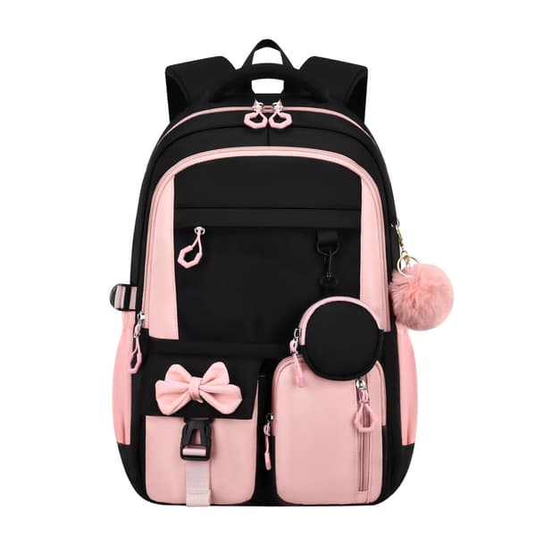 2026 Studentryggsäck, Söt Rosett Design Skolväska, Stor Kapacitet Fritidsreseryggsäck Black & Pink – Backpack Only
