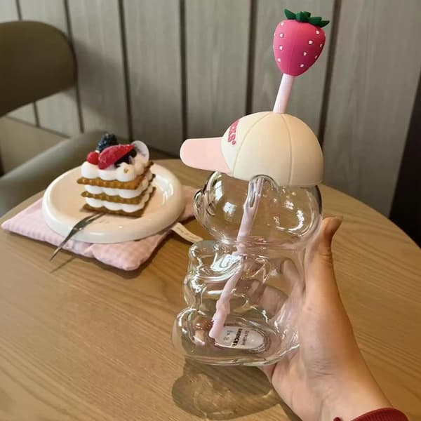 Bearista Björn Glasmugg Ljusblå Sugrör Jordgubbsdekorerad Glas Kall Dryckeskopp A
