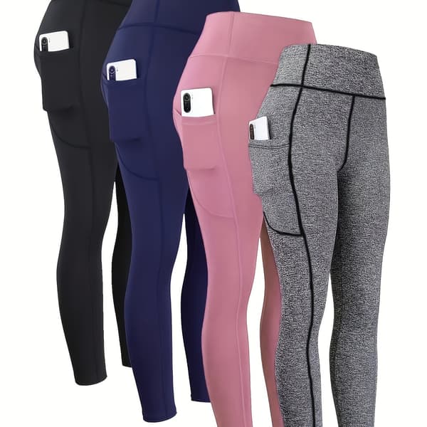 4-pack leggings med M-formad söm, rumplyftande kompressionstights med sidoficka för telefon, smal passform S svart + marinblå + rosa + hampgrå