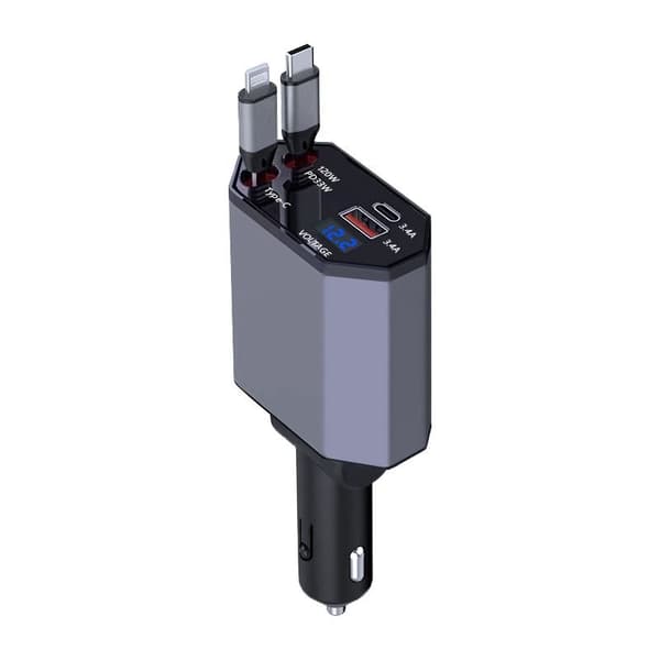 Billader 120W Hurtiglading – 4-ports USB Type C Uttrekkbar Biladapter