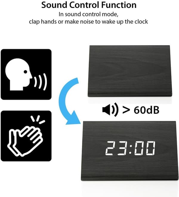 LED Digital Väckarklocka - Tid Datum Temperatur Display - Trä Svart Klocka med Vitt Ljus