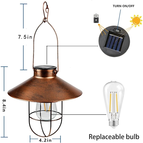 Vintage-tyylinen metallinen aurinkolyhty lämpimillä LED-valoilla puutarhaan, patiolle, puuhun, aurinkovalaistus maisemointiin,