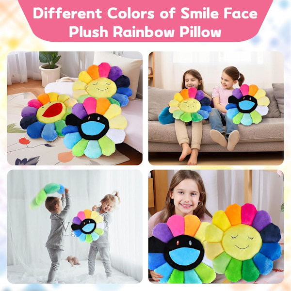 Hymyilevä Plush Rainbow -tyyny, Auringonkukka Indie Decor Plush -tyyny Pehmeä & Mukava Kukka Lattiatyyny Kotiin Lukemiseen Sänkyyn (40CM, Musta ja Valkoinen)