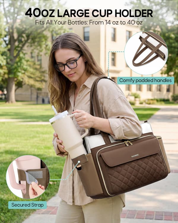 RAINSMORE Lærertaske til kvinder, 15.6\" Laptop Arbejdstaske, 40oz Krusholder{F2} Brown-beige-khaki