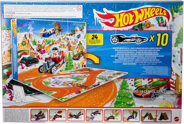Hot Wheels lekebiler og sett, 2025 Julekalender, inkluderer 10 lekebiler, 10 dekorative klips og 14 vintertema-tilbehør. (f2)