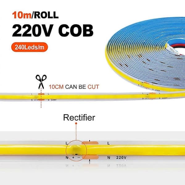 220v Cob Led Strip Lys 5m-50m, Supersterk 240 Leds, Fleksibel Teip, Ra90 WHITE 20m
