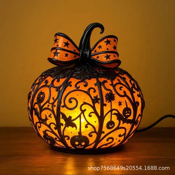Tiffany Style Græskarlampe, Halloween Glasmaleri LED Bordlampe, Dekorativ Efterårs Natlampe Bow-adorned pumpkin 12cm