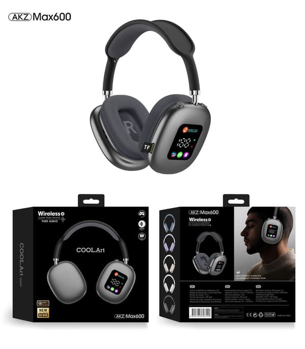 AKZ MAX600 Trådlösa Bluetooth Over-Ear Hörlurar med Digital Display, Hemmabruk black