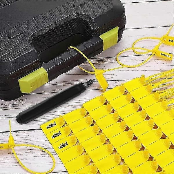 1000 stk. gule plastforseglinger – sikkerhetsmerker for poser og beholdere