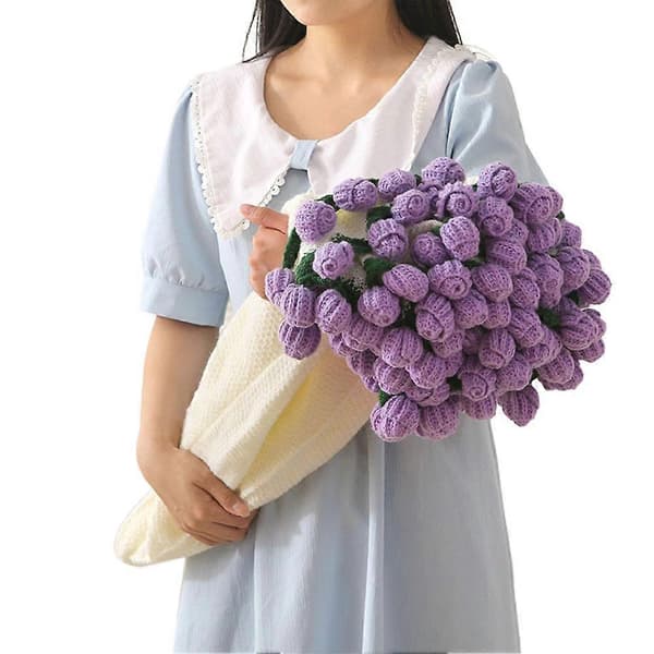 Færdigt blomsterbuket-tæppe håndlavede foldbare roser til boligindretning Gave Purple 80cm