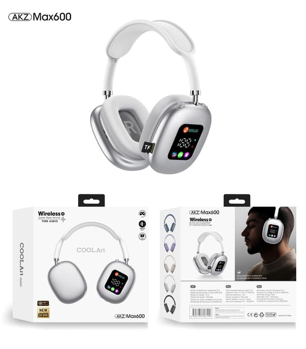 AKZ MAX600 Trådlösa Bluetooth Over-Ear Hörlurar med Digital Display, Hemmabruk silver