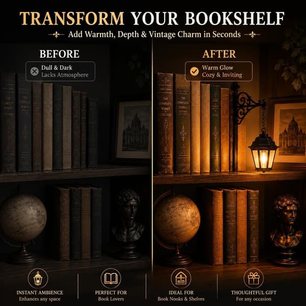 Bibliotekslantern Dekorativ Bogreolbelysning med Varm LED Natlampe Hat