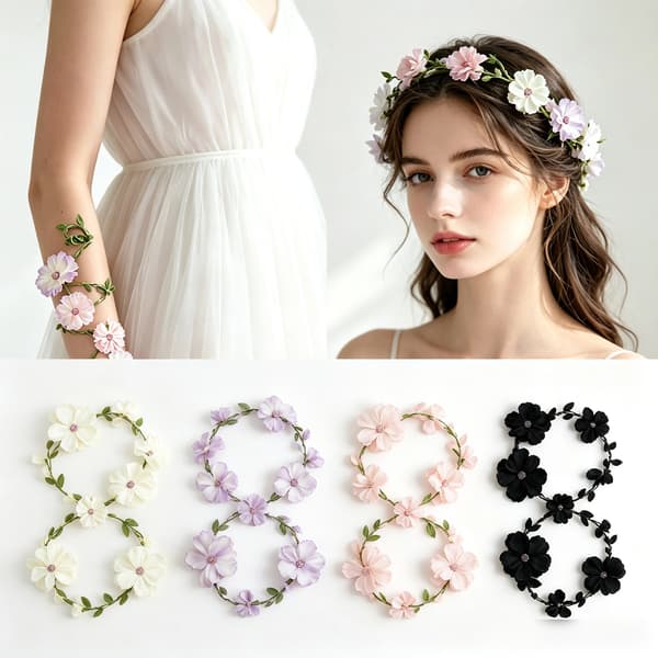 Boho Blommig Omlottarmband, Blomsterkrans i Skogsstil, Justerbart Handleds- och Pannbandsaccessoar Black garland [1 piece]