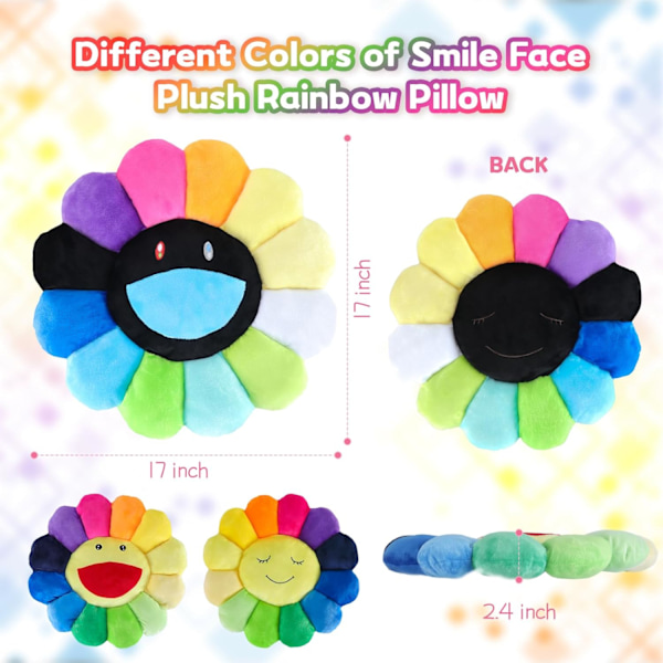Hymyilevä Plush Rainbow -tyyny, Auringonkukka Indie Decor Plush -tyyny Pehmeä & Mukava Kukka Lattiatyyny Kotiin Lukemiseen Sänkyyn (40CM, Musta ja Valkoinen)