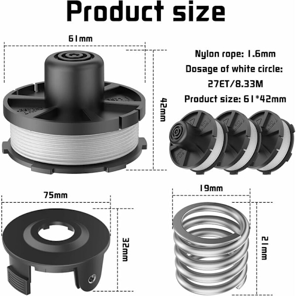 Set med 3 spolar för grästrimmers, 1 x spolskydd, 1 x fjäder för grästrimmers, för makita dur181 dur141 dur180z dur181z 196146-9 195858-1{F2}