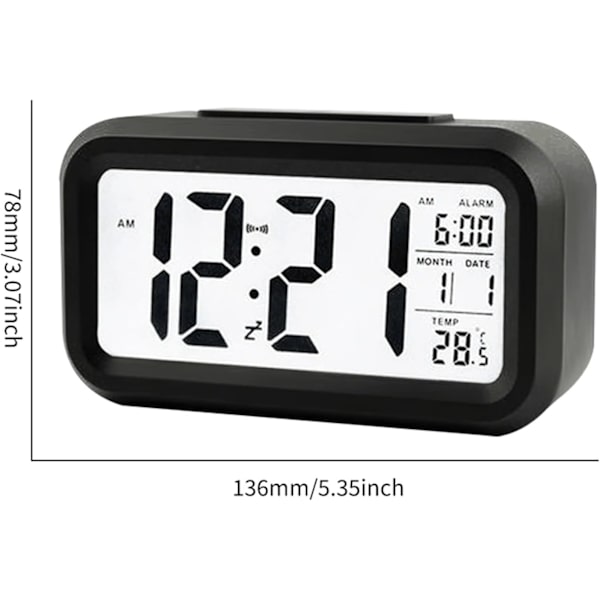 Digital väckarklocka med LED-display, temperatursensor, smart ljusstyrkekontroll, svart