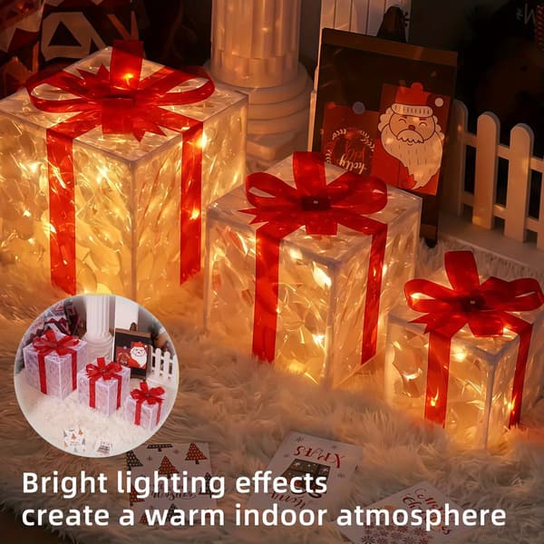 st, Julklappslåda Belysning, Transparent Varm Ljus Julbox Drivs av Batteri/USB, 8 Blinkande Lägen, Inklusive Timerfunktion 3 presentaskar (8 lägen) Varmt Ljus