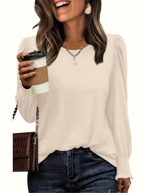 Dame Modetop Sæt Efterår Flæsekant Rund Hals Afslappet Pufærme T-shirt Brown+apricot+black S