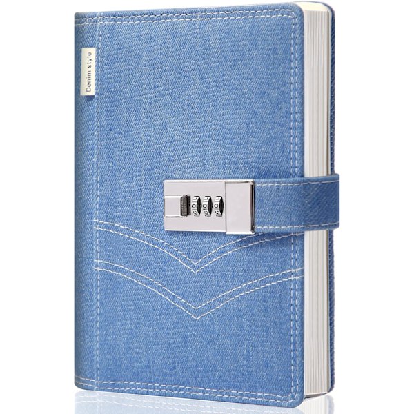 Denim Journal med Lås för Kvinnor, Påfyllningsbar Låsbar Journal för Vuxna B6 Anteckningsbok med Låskombination, 14 x 20 cm, Blå{F2}