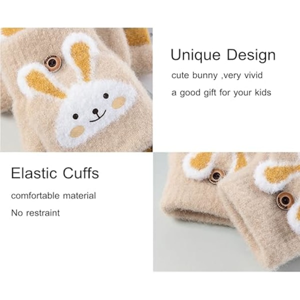 Konvertibla Fingerlösa Vantar för Barn Katt Kanin Stickade Flik Vantar Halvfinger Stretchiga Vantar för Flickor Pojkar 6-12 År{f2}