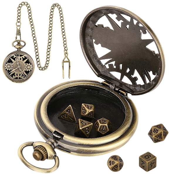Mini DND Terning Sett med Terning Sett, 7 Polyedriske Metall Terninger, Steampunk Stil Klokke, Bronse{h}