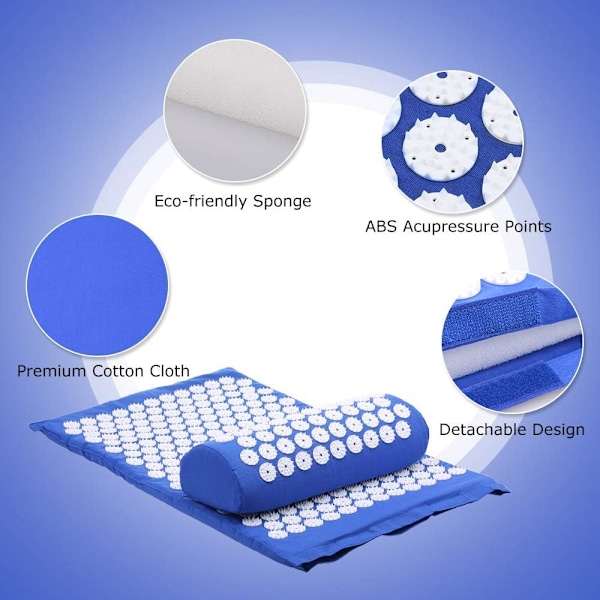 Akupressuurimatto hierontakudilla - Lievitä stressiä ja kipua, akupunktio hierontakudilla, piikkimatto joogamatolla ja tyynyllä (sininen)