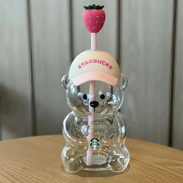 Bearista Björn Glasmugg Ljusblå Sugrör Jordgubbsdekorerad Glas Kall Dryckeskopp A