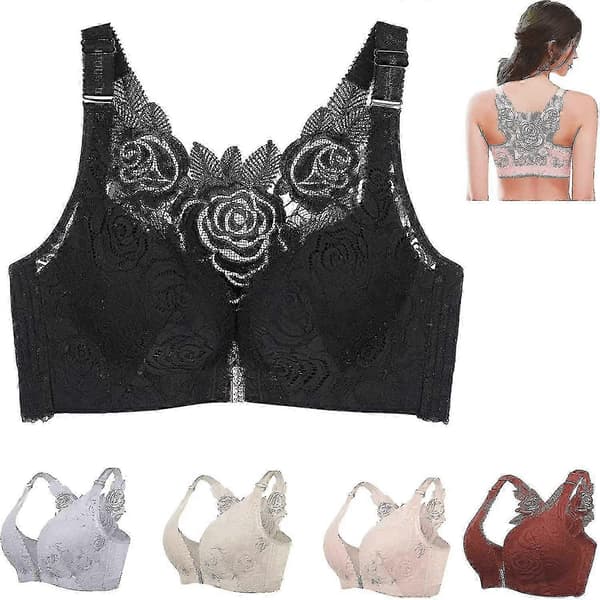 Floral Secrets Comfort Rose BH för kvinnor - Plus Size Frontstängning Push Up, Trådlös & Sömlös Lyft-BH Black 36A-B
