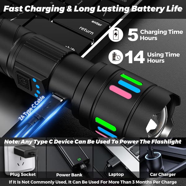 Tehokas LED-taskulamppu, 4 tilaa, 2400 mAh, ladattava, vedenpitävä, 200 metrin kantama, musta