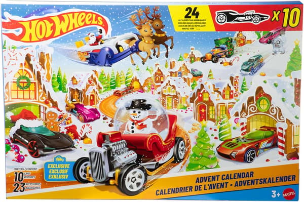 Hot Wheels legetøjsbiler og sæt, 2025 Julekalender, inkluderer 10 legetøjsbiler, 10 dekorative clips og 14 vintertema-tilbehør. (f2)