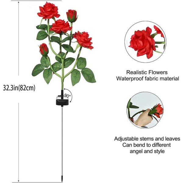 Kunstige roseformede LED-solcellelamper til utendørs hagedekor, gårdsplass, terrasse, grav, kirkegård, balkong, juledekor - rød