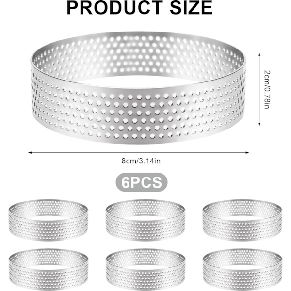 Sett med 6 terteformer i rustfritt stål, 8 cm, tertering, terteformer, perforert bakverkring (f2)