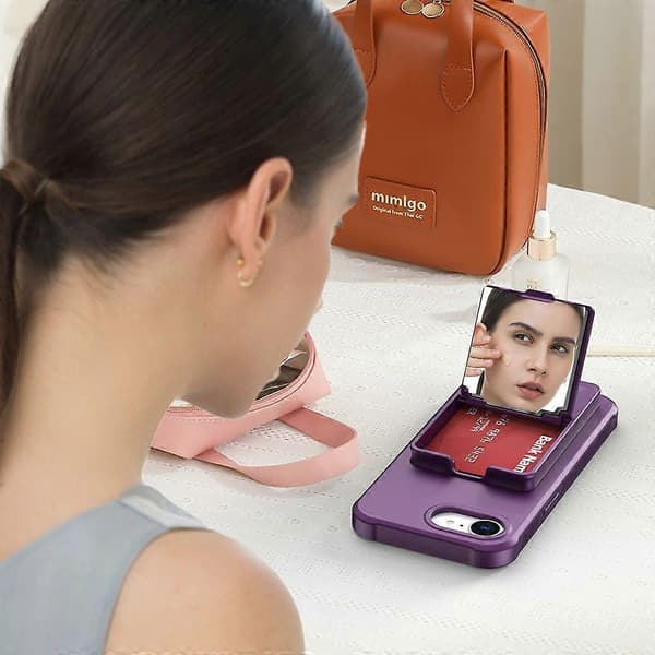 Etui til Kompatibel iPhone 16e - Hudvenligt Kortholder TPU + PC Telefonetui med Spejlstativ{f2} Dark Purple