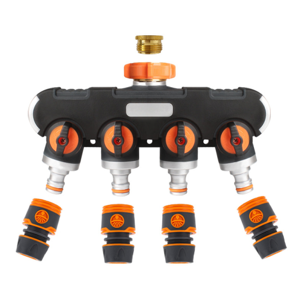 4-tie vedenjakaja: 3/4 ja 1/2 Y-muotoinen vedenjakaja hanasovittimella, veden virtauksen säätö ja lukittava 4-tie vedenjakaja