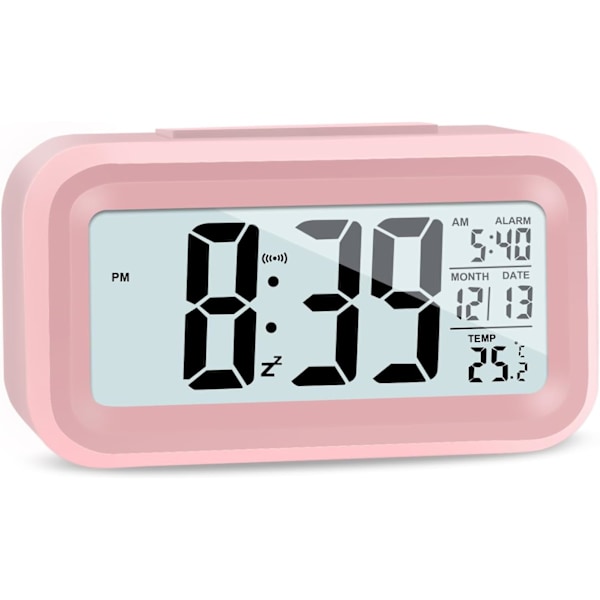 Digital väckarklocka med temperaturvisning, smart ljusstyrkesensor, rosa för hem och sovrum