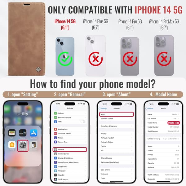 iPhone 14 7G skyddsfodral, PU-läder flip plånboksfodral med kortfack. brown