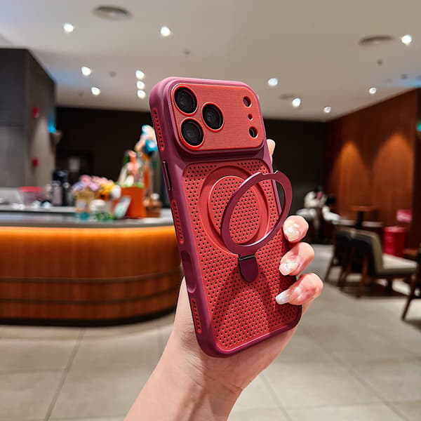 Magnetiskt iPhone-fodral med kylventil och runt stativ, bikakeformad värmeavledningsdesign, stötsäkert skyddsfodral*iPhone 14 Plus*Claret Claret iPhone 14 Plus