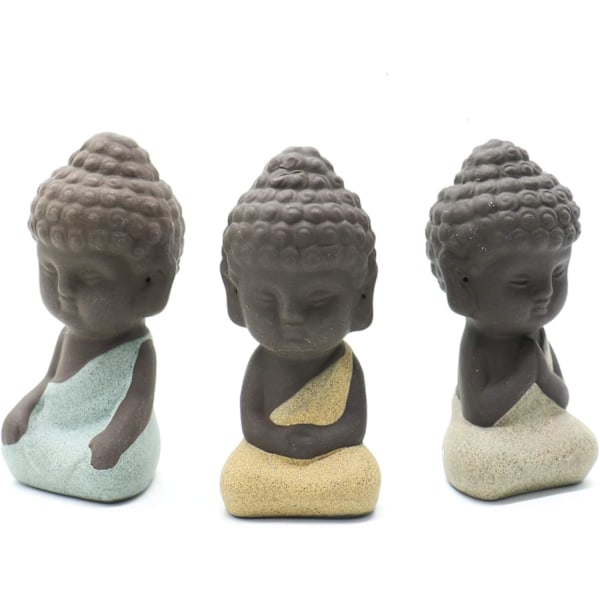 4 stk Mini søte keramiske Buddha-statuer, små bedårende munkfigurer