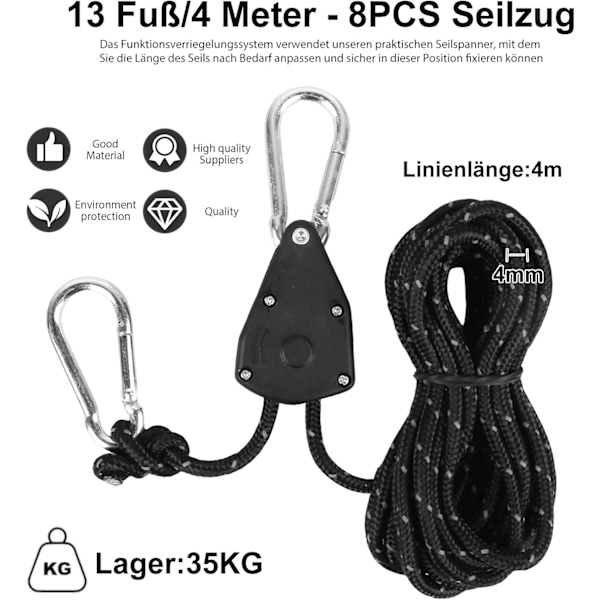Spännlinor med linstramare, 4m repavgränsningsrep, reflekterande tältrep med spännare, krok, Ø 4mm justerbart rep för campingtältlampa{F2}