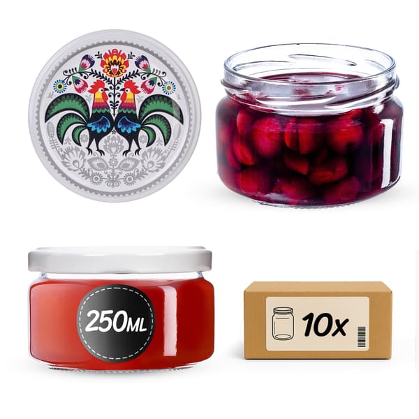 KADAX Säilöntäpurkit Denia 250ml 10kpl 82mm + kansi "Folklore kukon kanssa"