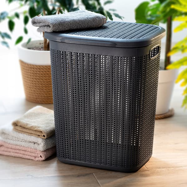 KADAX Tvättkorg 50L Stor Plastbehållare Med Lock Mörkgrå