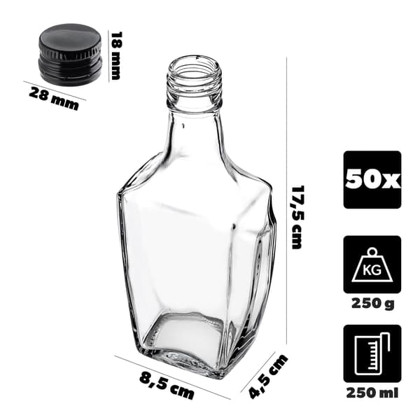 KADAX Lasipullo Tinktuuralle 250ml Mustalla korkilla 50kpl.