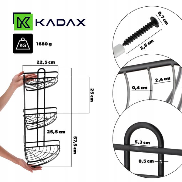KADAX Hjørnehylde til badeværelse, 3 hylder, sort, stål, Loft
