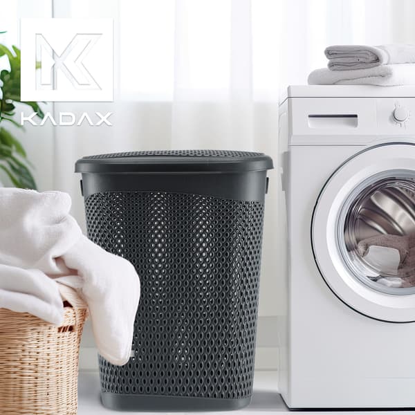 KADAX Tvättkorg med lock, stor plastbehållare, 55 l, grå