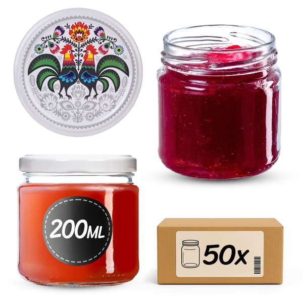 KADAX Lerma säilöntäpurkit 200ml 50kpl 66mm + kannet "Folklore kukon kanssa"